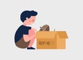 Adopt a pet concept with boy and dog cartoon illustration. Cute little dog inside cardboard box with adopt me text