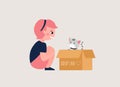 Adopt a pet concept with girl and cat cartoon illustration. Cute little cate inside cardboard box with adopt me text