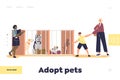 Adopt pet concept of landing page with dog shelter interior and girl volunteer show puppy to family