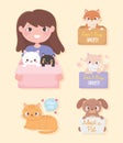 Adopt a pet, girl with cats in box and little animals with letterings