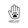 Adopt a Pet. Hand with Paw Line Icon. Volunteer Help Care Protection Support Theme. Pet Adoption Sign and Symbol. Royalty Free Stock Photo