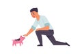 Adopted pets. People taking domestic animals from vet clinics and dog shelter. Man petting mini pig. Person playing with Royalty Free Stock Photo