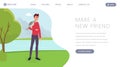 Taking abandoned animals landing page template. Cartoon boy, volunteer with parrot on shoulder hand drawn character