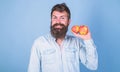Adopting vegetarian lifestyle brings health benefits. Healthy nutrition. Vegetarian lifestyle. Man with beard hipster