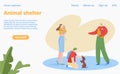 Adoption at animal shelter, vector illustration, flat man woman character hold pet, web page design concept, happy