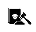 Adoption of bill. Silhouette icon of paper, gavel with stand. Black simple illustration of judgment, code of conduct, passing laws