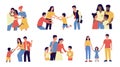 Adoption. Cartoon couple adopt happy international kids. Scenes of cheerful foster parents. Caring for orphan. Mother and father