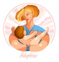 Adoption child vector illustration in special personal style, accepted adopted baby, parenting family and care, loving hugging