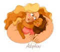 Adoption child vector illustration in special personal style, accepted adopted baby, parenting family and care, loving hugging