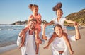 Adoption, children and family beach portrait with interracial people enjoying Mexico holiday together. Love, support and