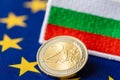 adoption of the Euro by Bulgaria, joining the euro zone, economic concept, euro coins, Bulgarian money, flag of Bulgaria and the Royalty Free Stock Photo