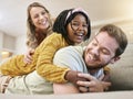 Adoption, love and family play, hug and happy smile, care and laugh together on the sofa in living room. African child Royalty Free Stock Photo