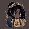 Adorable Adventurer: Detailed Cartoon Illustration of a Tan Girl with Curly-Silky Hair and a Backpack