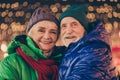Adorable affectionate bonding two married people old woman man enjoy x-mas christmas jolly holly eve evening atmosphere
