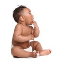 Adorable African-American baby in diaper on white Royalty Free Stock Photo