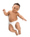 Adorable African-American baby in diaper on white background Royalty Free Stock Photo