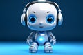 Adorable AI chat bot, cute robot with headphones, blue background