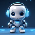 Adorable AI chat bot, cute robot with headphones, blue background