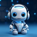 Adorable AI chat bot, cute robot with headphones, blue background