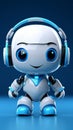 Adorable AI chat bot, cute robot with headphones, blue background