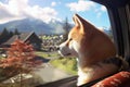 The adorable Akita Inu dog looks out of the car window, adding to the fun and enjoyment of the journey