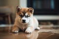 Adorable akita inu puppy near puddle on carpet at home, created with Generative AI technology