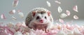 Adorable Albino Hedgehog Among Falling Petals. Royalty Free Stock Photo