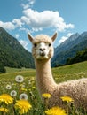 Adorable Alpaca in a Field of Dandelions