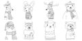 Vector christmas animals silhouette collection illustration in line art with eight animals wearing winter clothes. cute xmas set. Royalty Free Stock Photo