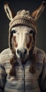 Conceptual Portraiture: Elegant Donkey Wearing Sweater And Hat
