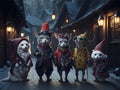 Adorable animals dressed in festive attire, parading through a charming village