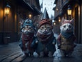 Adorable animals dressed in festive attire, parading through a charming village