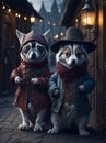 Adorable animals dressed in festive attire, parading through a charming village