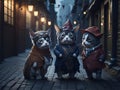 Adorable animals dressed in festive attire, parading through a charming village