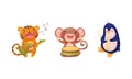 Adorable animals playing musical instruments set. Cute tiger, monkey, penguin playing guitar, drum, trumpet cartoon