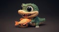 Adorable animated alligator consuming fish with large eyes and a joyful expression Royalty Free Stock Photo