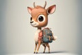 Adorable animated cartoon of baby deer with backpack ready for school.