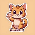 An adorable animated cat character with orange and white fur waves its paw in a friendly greeting