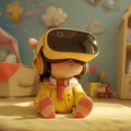 Adorable animated child immersed in a virtual reality world, sitting in a colorful playroom filled with toys, wearing a VR headset