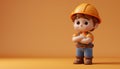 Adorable Animated Construction Worker Character Standing with Folded Arms on Solid Orange Background in 3D Render Royalty Free Stock Photo