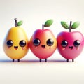 Adorable animated fruits with faces standing together, radiating joy.