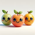 Adorable animated fruits with faces standing together, radiating joy.