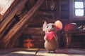An adorable animated mouse holding a pink heart in a cozy wooden interior