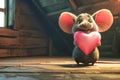 An adorable animated mouse holding a pink heart in a cozy wooden interior