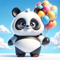 An adorable animated panda character holding a bunch of colorful balloons, set against a bright blue sky with fluffy clouds,