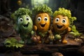 Adorable animation vegetable characters on rule of odds in realistic magical fertile arable land. AI generated.