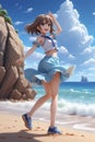 An adorable anime girl dancing with happy at a sandy beach, sea view and the rock in the background, blue sky, fluffy clouds, 8k