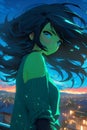 Adorable anime girl posing in cute, dynamic, long black hair blown by the wind, green light sleeves sweater, digital anime art Royalty Free Stock Photo