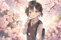 adorable anime school girl under the blooming cherry sakura