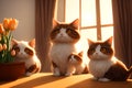 Adorable and aristocratic felines relax in a magnificent room, bathed in the soft light of a sunset through a window